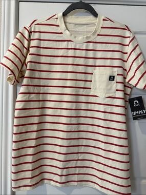 RAGS Women's Short Sleeve Pocket Tee - Cream with Red Stripes